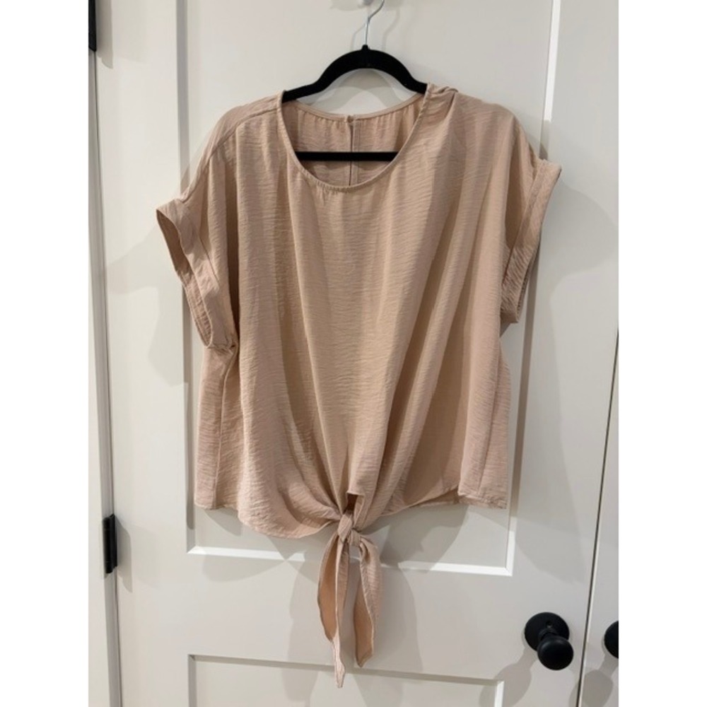 J.ING Women Blush Pink Tie Front Short Sleeve Crinkle Blouse Top 1XL 8568